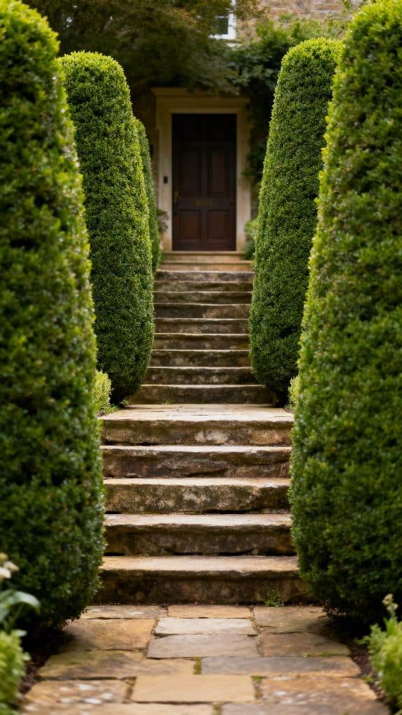 charming boxwood entrance columns