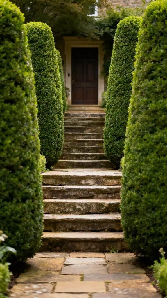 charming boxwood entrance columns