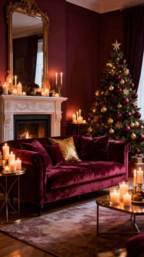 cozy burgundy candlelit living room