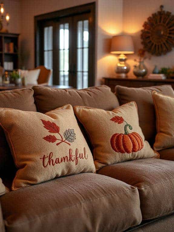 cozy embroidered gratitude pillows
