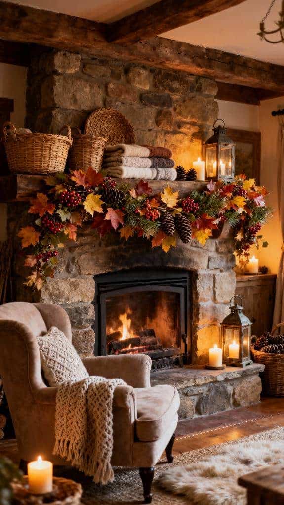 cozy fireplace with garland