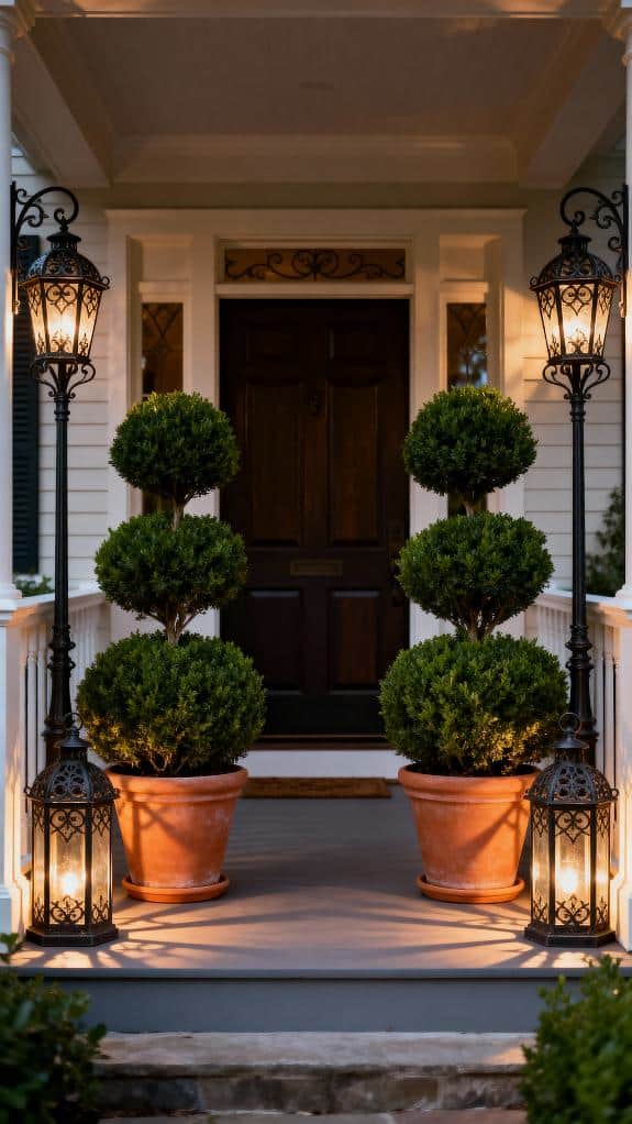 cozy porch with boxwoods