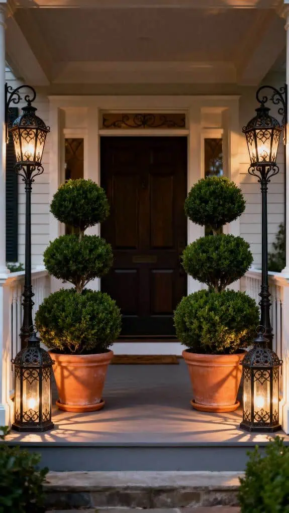 cozy porch with boxwoods