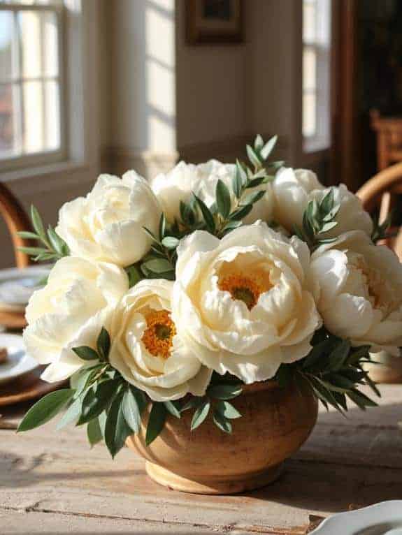 cream peonies olive branches
