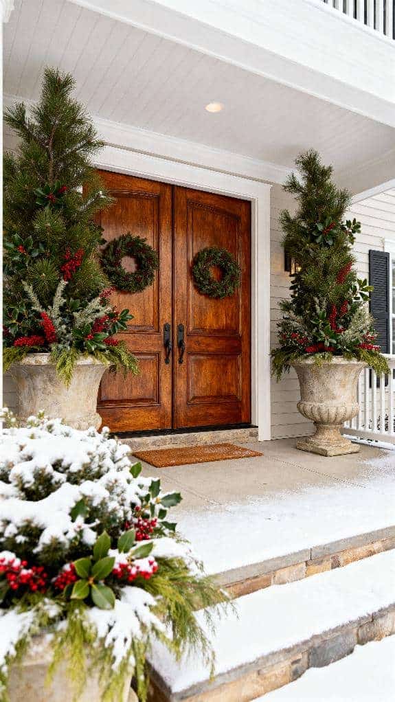 festive winter greenery planters