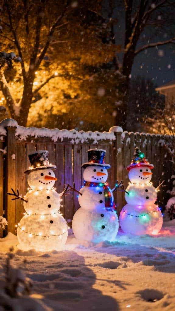 glowing snowmen by fence