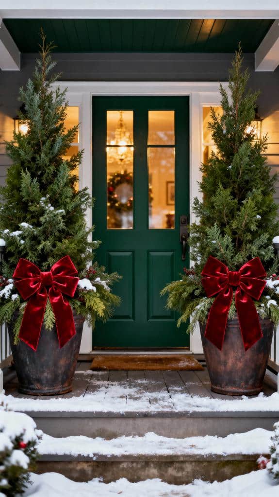 holiday planters with greenery