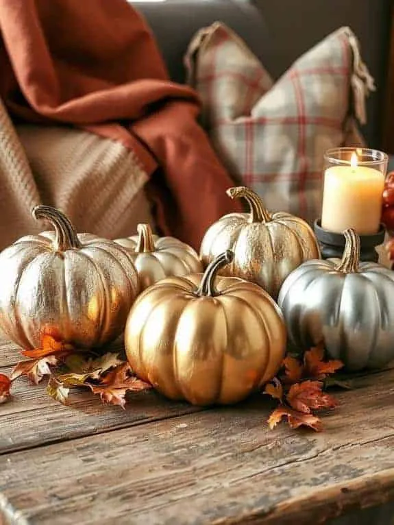 metallic spray painted pumpkins decor