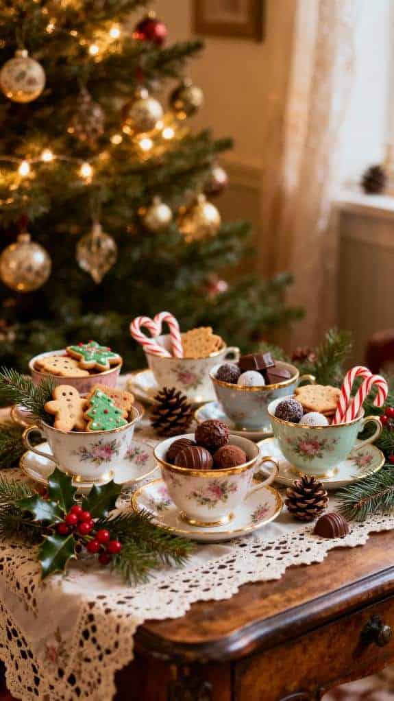 mismatched teacups with treats