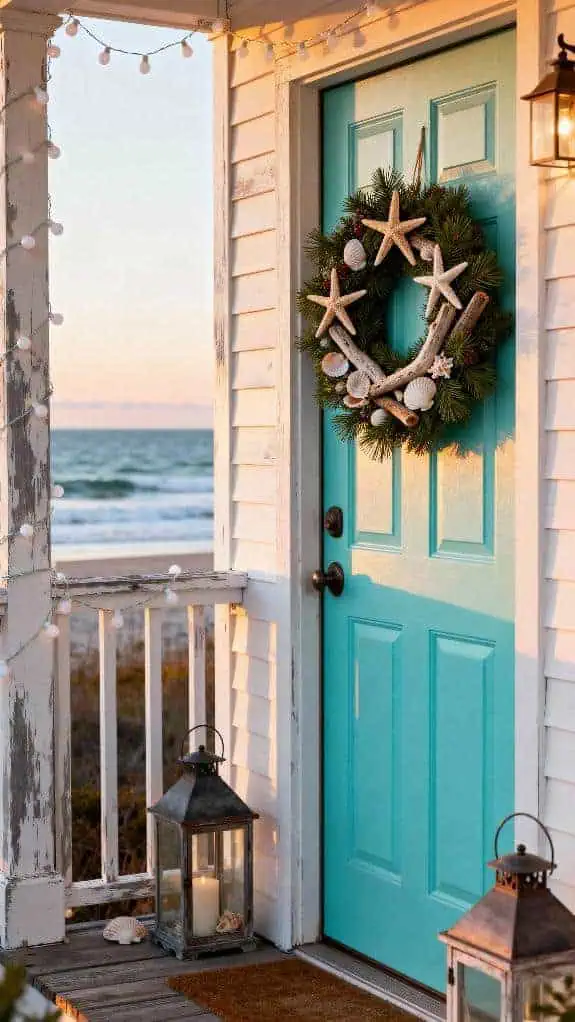 seashell wreath on turquoise door