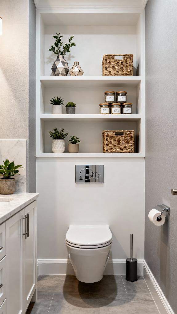 shelving above toilet storage