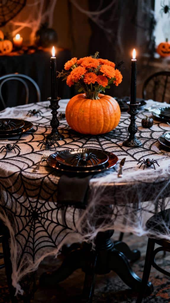 spiderweb tablecloth with pumpkins