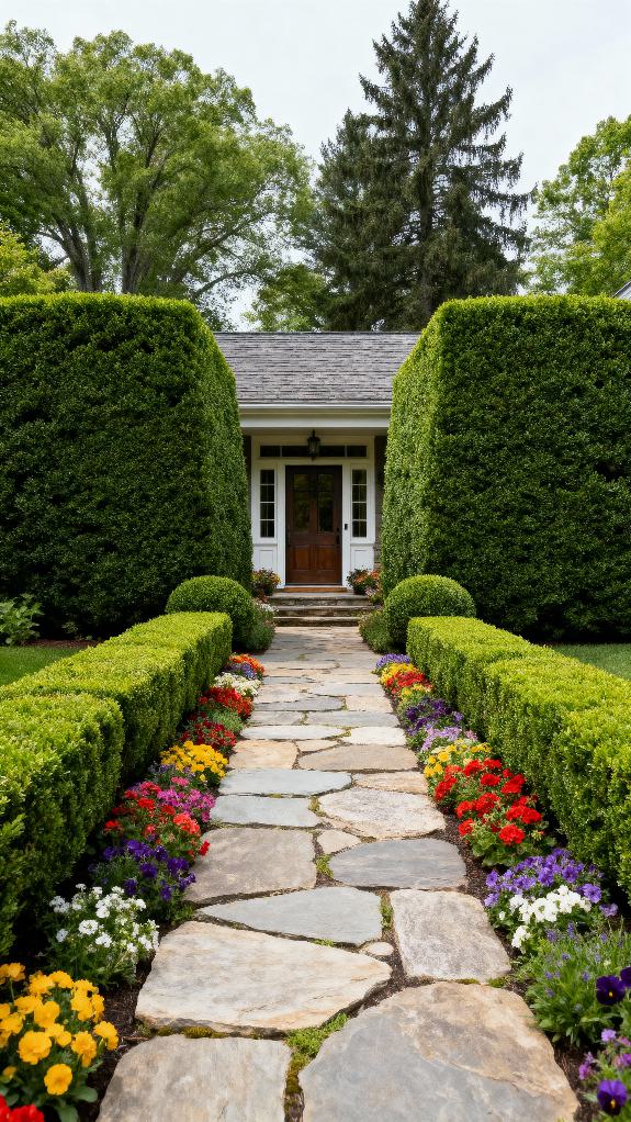symmetrical boxwood hedges walkway