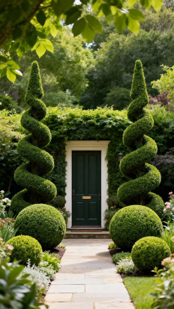 topiary boxwoods enhance entrance