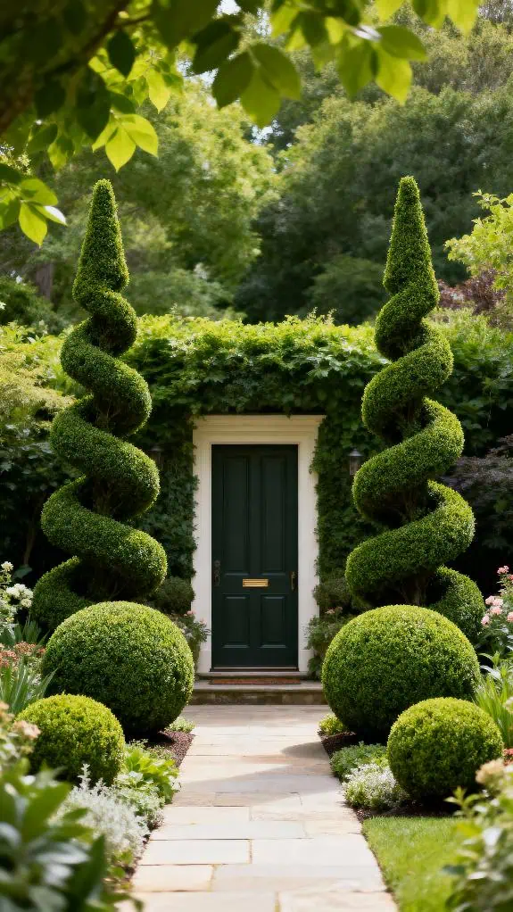 topiary boxwoods enhance entrance