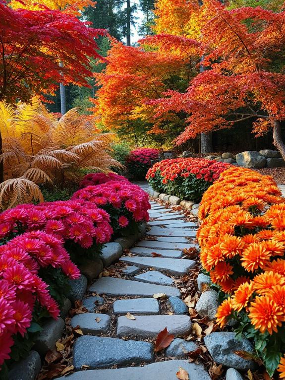 vibrant chrysanthemums along path