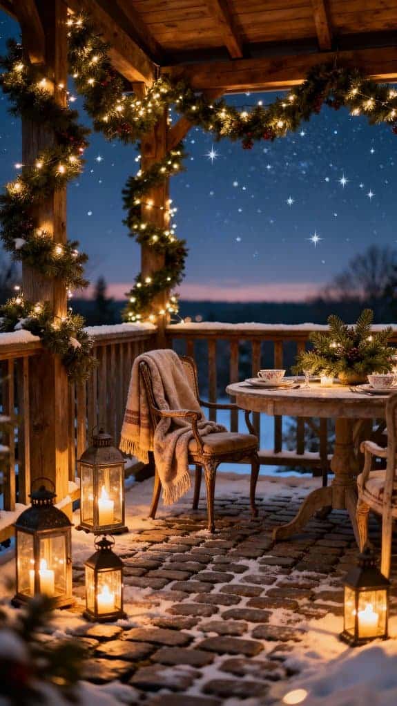 festive patio wreaths and lanterns