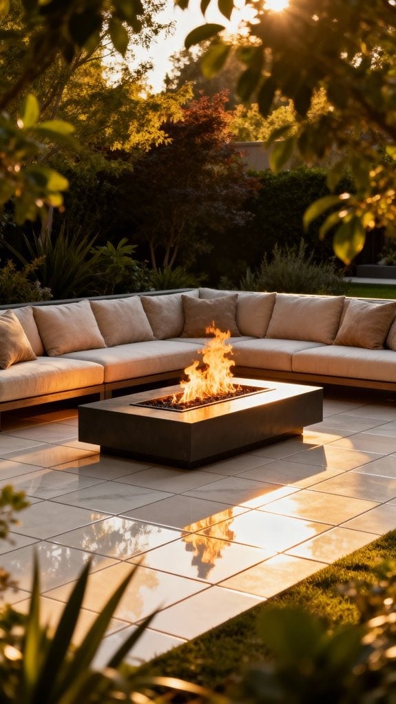 modern patio with fire bowl