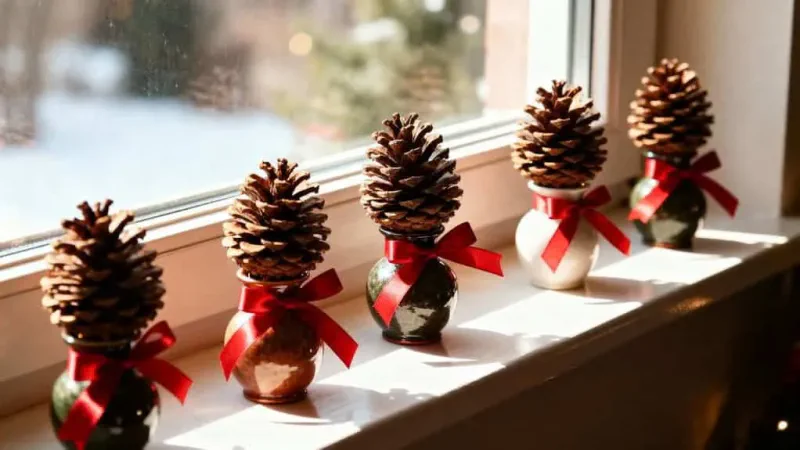 pinecone vases with ribbon
