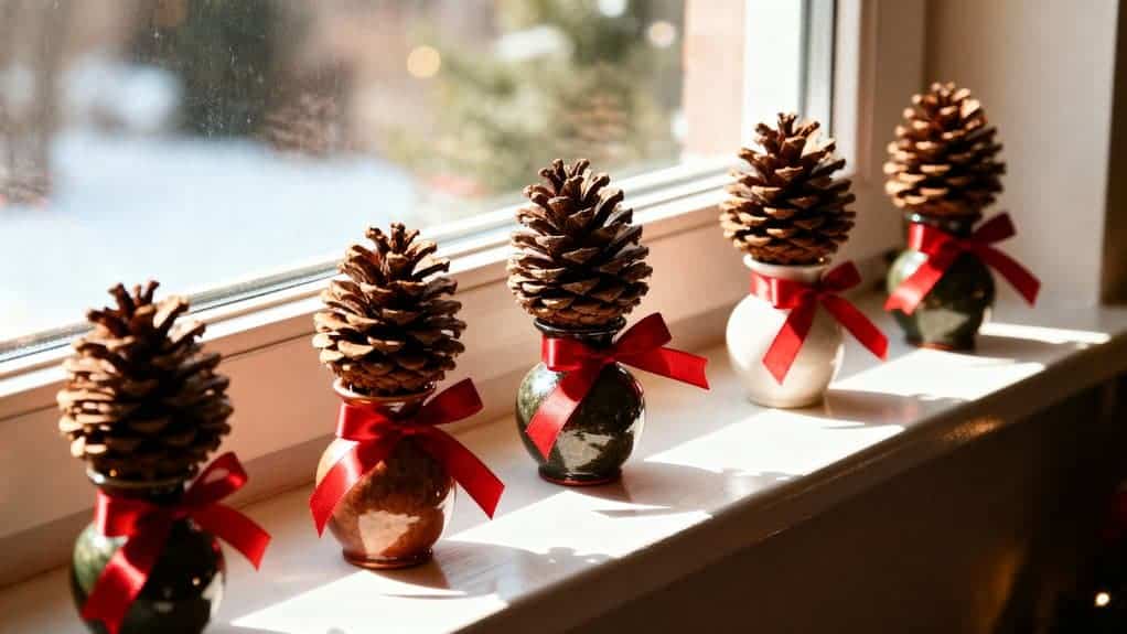 pinecone vases with ribbon