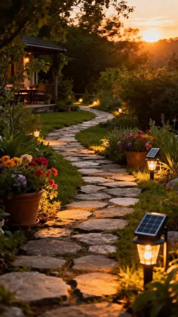 rustic pathway with solar lights