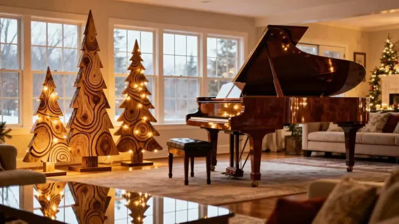 rustic trees by piano