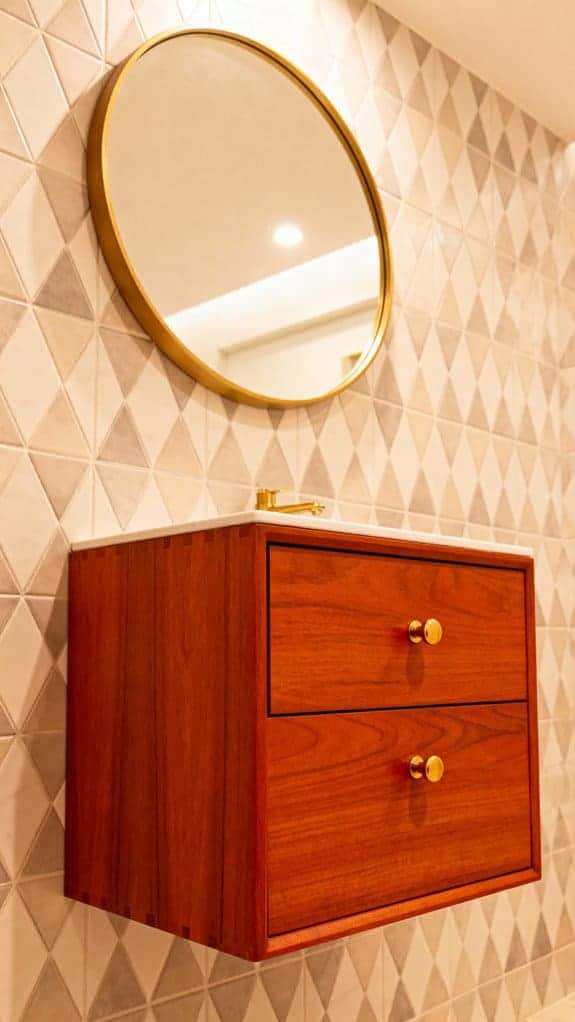 teak vanity geometric backsplash