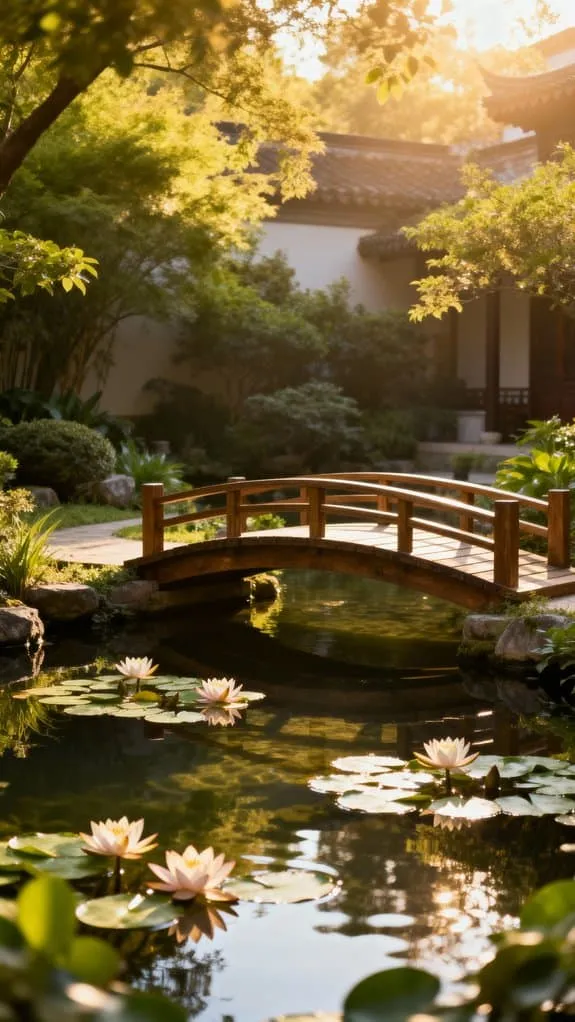 tranquil pond with bridge