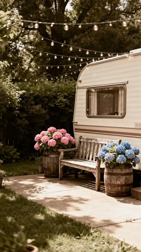 vintage patio with hydrangeas