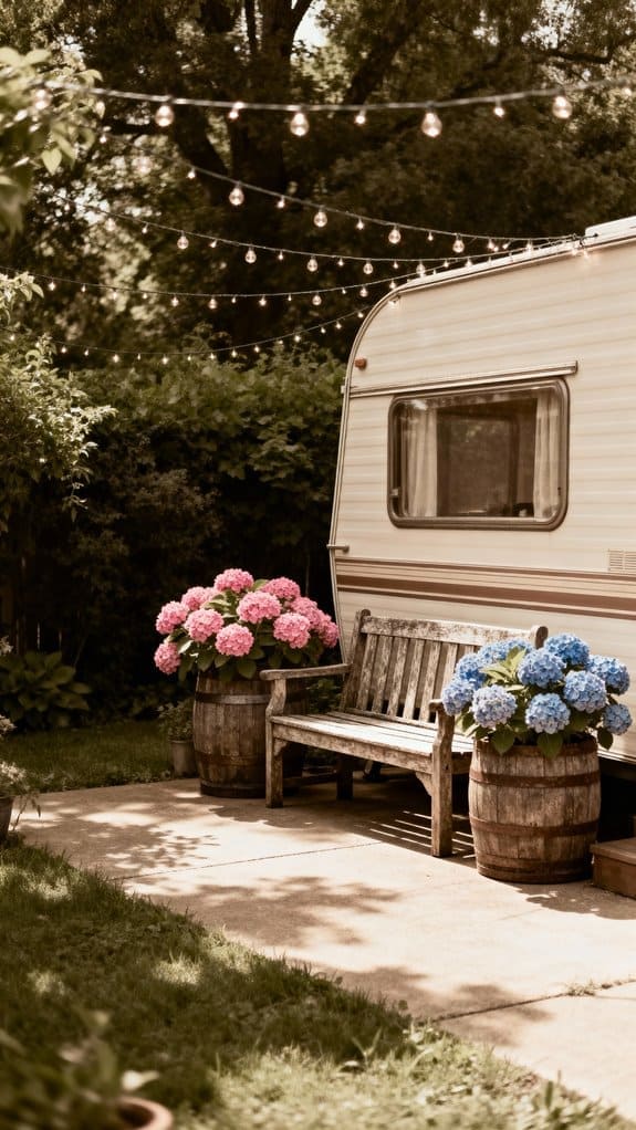 vintage patio with hydrangeas