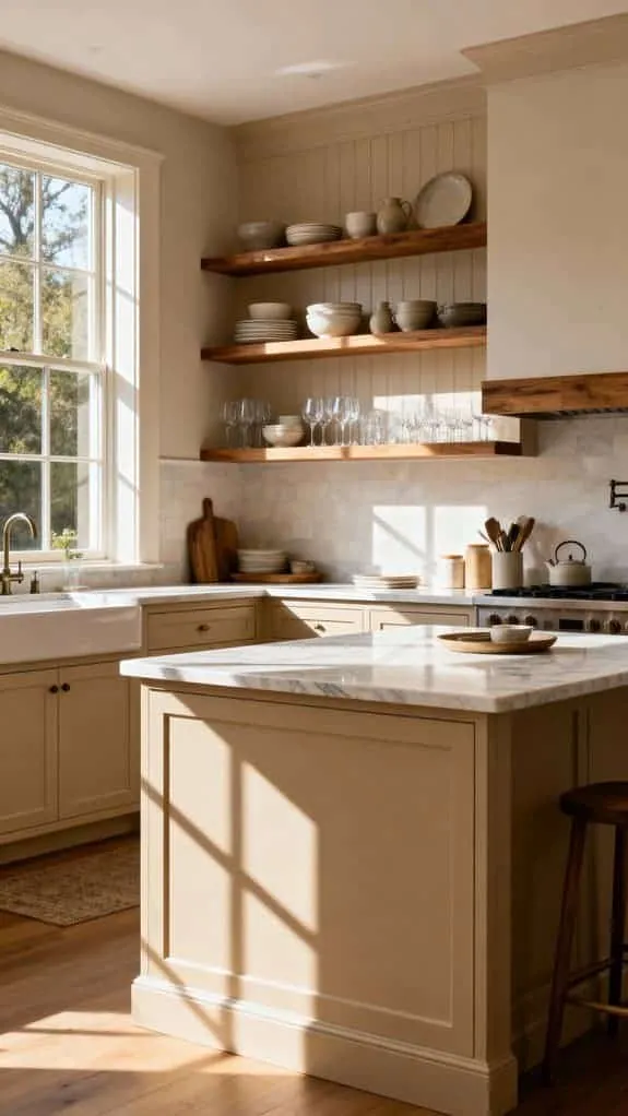 beige island with open shelving