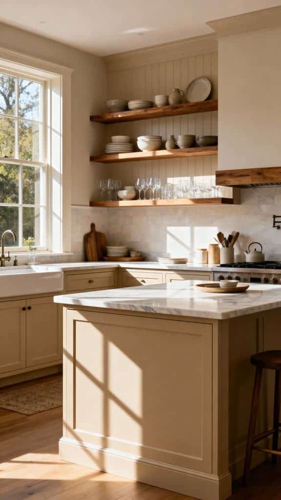 beige island with open shelving