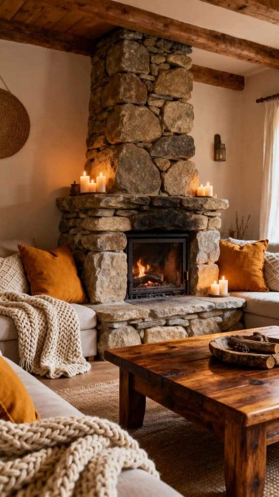 cozy fireplace and throws