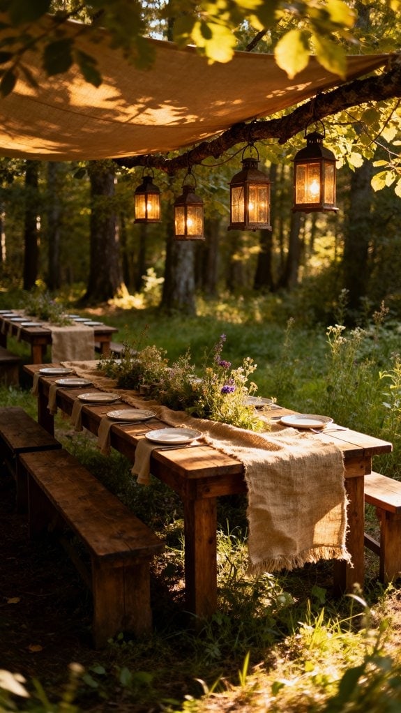 cozy forest gathering tables