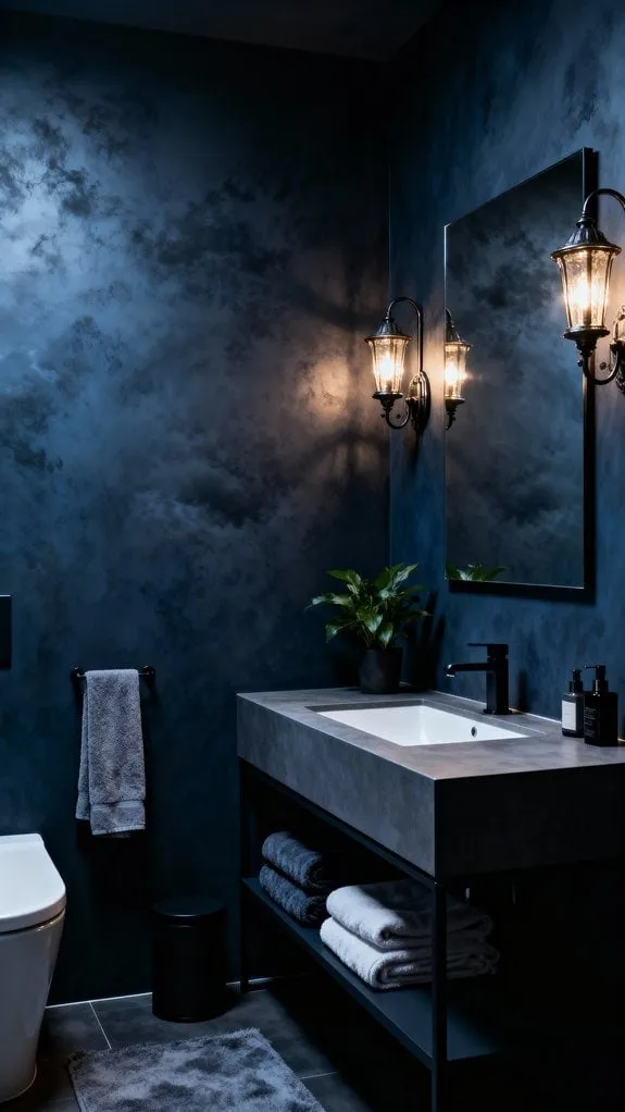 cozy graphite blue bathroom ambiance