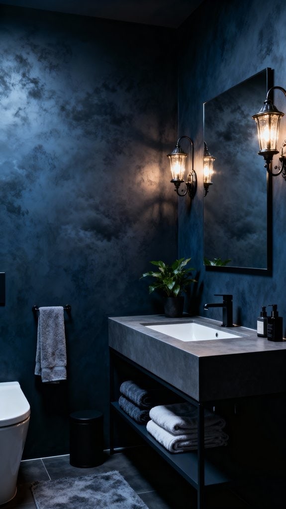 cozy graphite blue bathroom ambiance