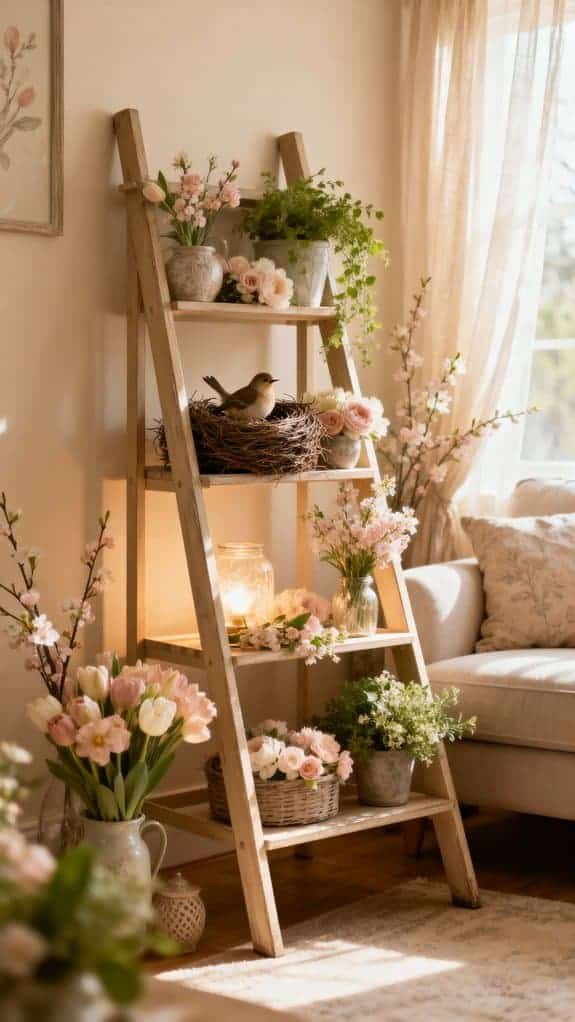 cozy spring themed ladder shelf