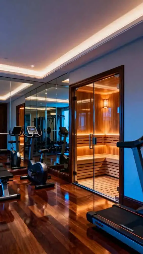 mirrored gym with sauna