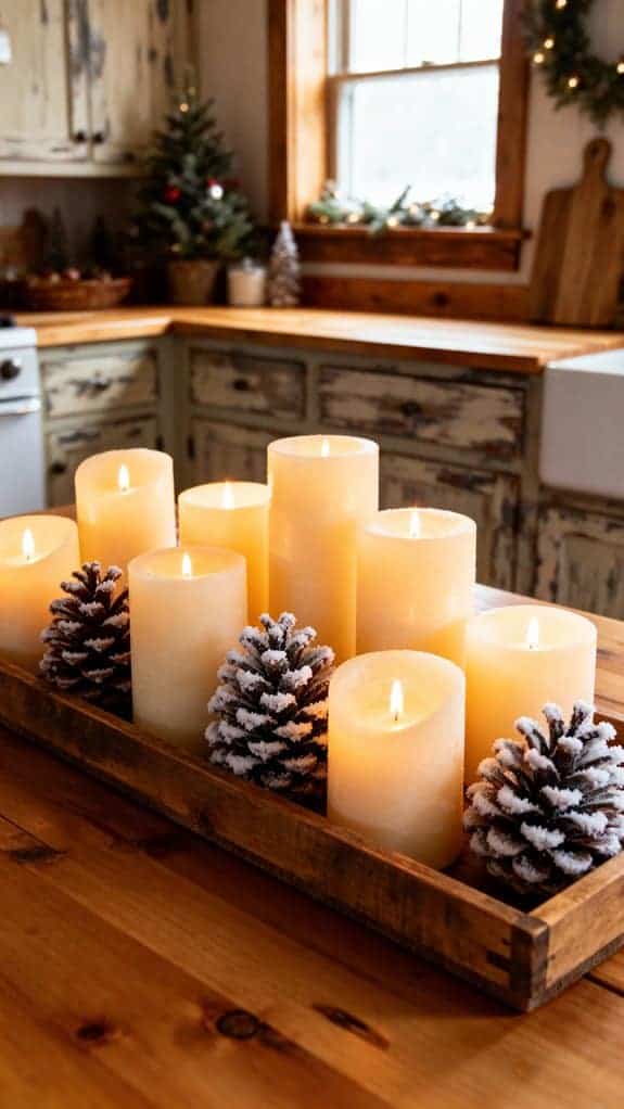rustic candle and pinecones