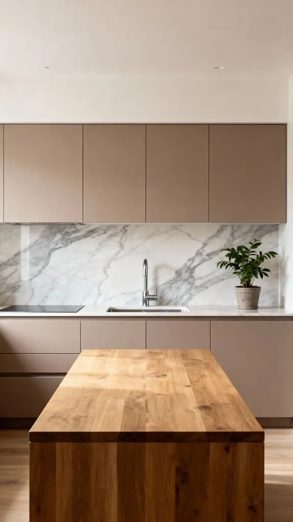 taupe cabinets marble backsplash