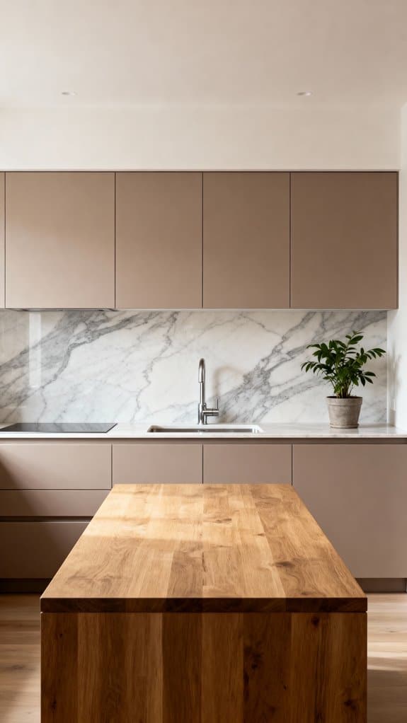 taupe cabinets marble backsplash