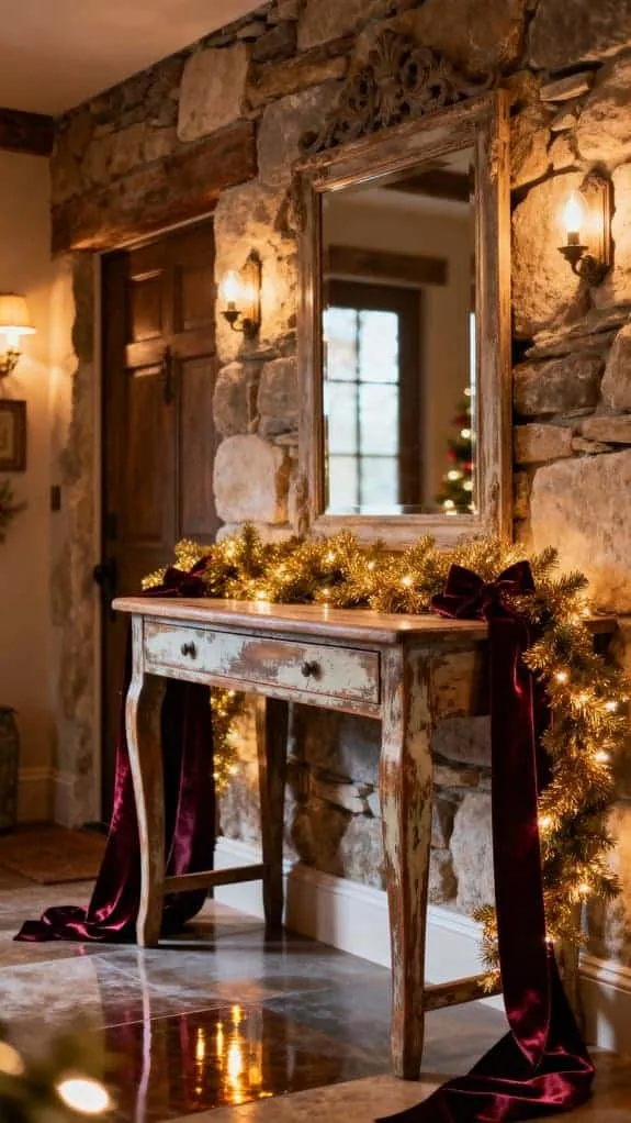 distressed table with garland