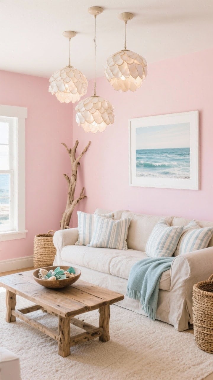 Wide shot: Coastal living room in shell pink and sand tones, with shell-pink walls, a linen slipcovered sofa, striped pillows, and a pale blue throw. Driftwood accents and woven baskets add texture. Capiz shell pendant lights glow softly. A bowl of collected sea glass on a natural wood coffee table; a large ocean photograph in a white frame anchors the scene; breezy daylight.
