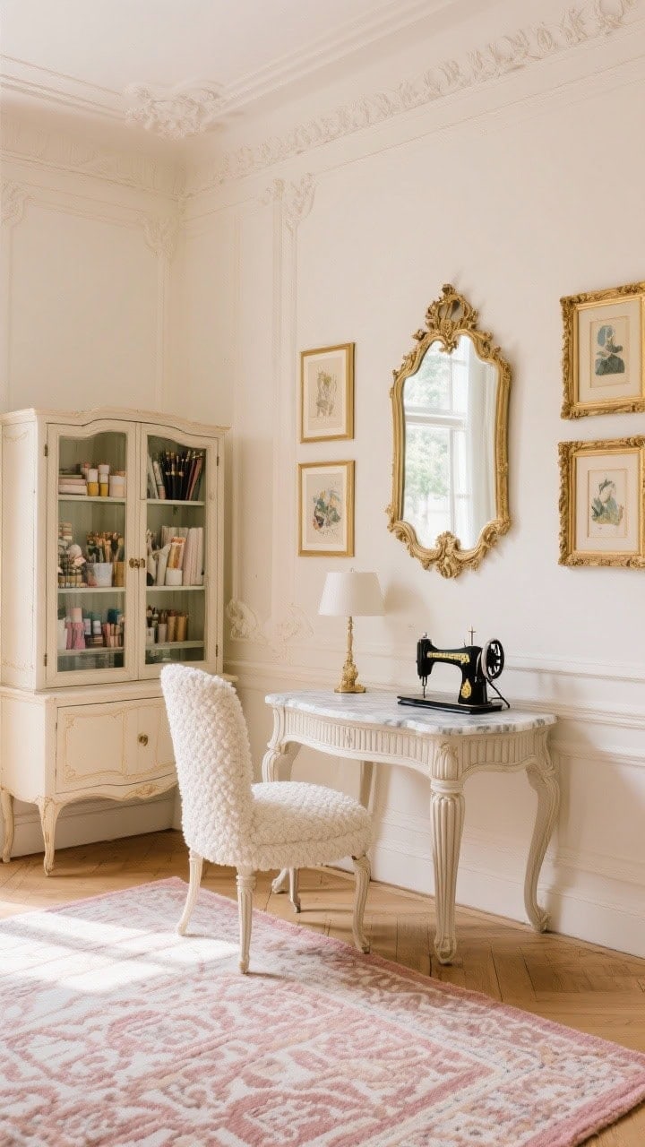 Wide Parisian Chic Salon panorama: warm ivory walls with classic picture frame molding, ornate mirror reflecting light; curved, fluted-leg desk atop a patterned wool rug, cream boucle chair; antique glass-front cabinets organizing craft supplies, gold gallery frames displaying artwork; marble-topped console with a sewing machine; palette of ivory, blush, gold, and grounding black accents; elegant yet unfussy, soft daylight.