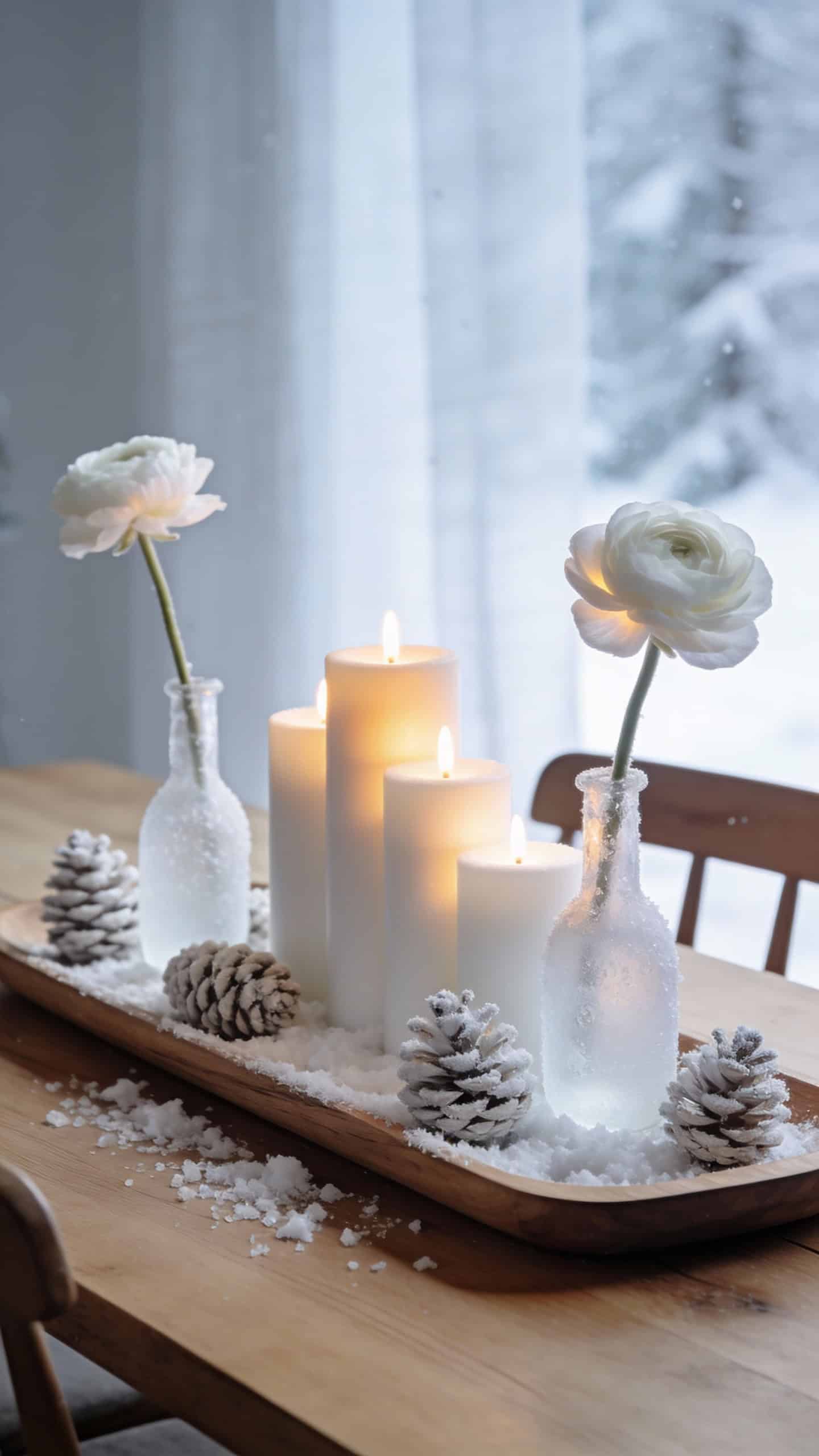 A realistic, high-resolution photo of a Scandinavian-inspired winter table centerpiece styled on a natural oak dining table. A long, smooth oak tray runs down the center, holding matte white pillar candles in staggered heights, their warm candlelight softly glowing like a winter sunrise. Around the candles, bleached pine cones are artfully scattered with a delicate sprinkle of faux snow or coarse salt for a frosted texture. Frosted glass bud vases are placed intermittently along the tray, each holding a single white ranunculus or anemone stem, petals crisp and luminous. The color palette is restrained: soft white, warm oak, and ivory with subtle frosted glass highlights. Background is minimal and airy, with cool daylight filtering through sheer curtains, evoking a calm, snowy Nordic landscape. Shallow depth of field, natural soft lighting, refined composition, no visible branding, highly detailed textures of wood grain, wax, glass frost, and floral petals. Photorealistic, editorial interior styling.