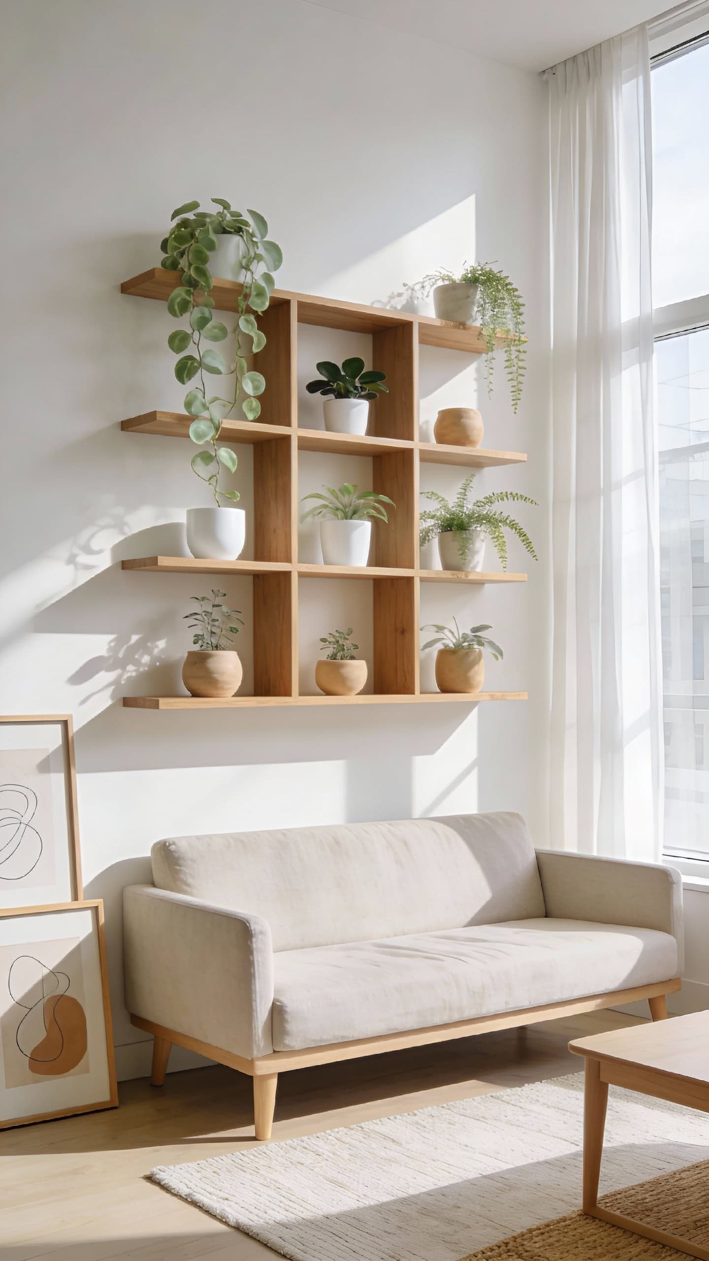 Sun-drenched Scandinavian living room with a minimalist shelf wall: bright natural light flooding through large sheer-curtained windows, clean white walls in soft matte finish, floating natural oak shelves arranged in a neat grid on the feature wall, styled with matte white and sand-colored stoneware planters holding small to medium houseplants with soft sage-green foliage (trailing pothos, compact rubber plant, delicate ferns), a low-profile linen sofa in light beige with pale wood legs centered beneath the shelves, neutral woven rug in off-white, a light oak side table, slim light wood frames with abstract line art in muted tones, subtle textures from linen and jute, uncluttered surfaces, no bold patterns, soft shadows and warm midday sunlight, airy composition, realistic high-resolution photo, 35mm lens perspective, natural color grading emphasizing soft whites, warm beiges, and light oak.