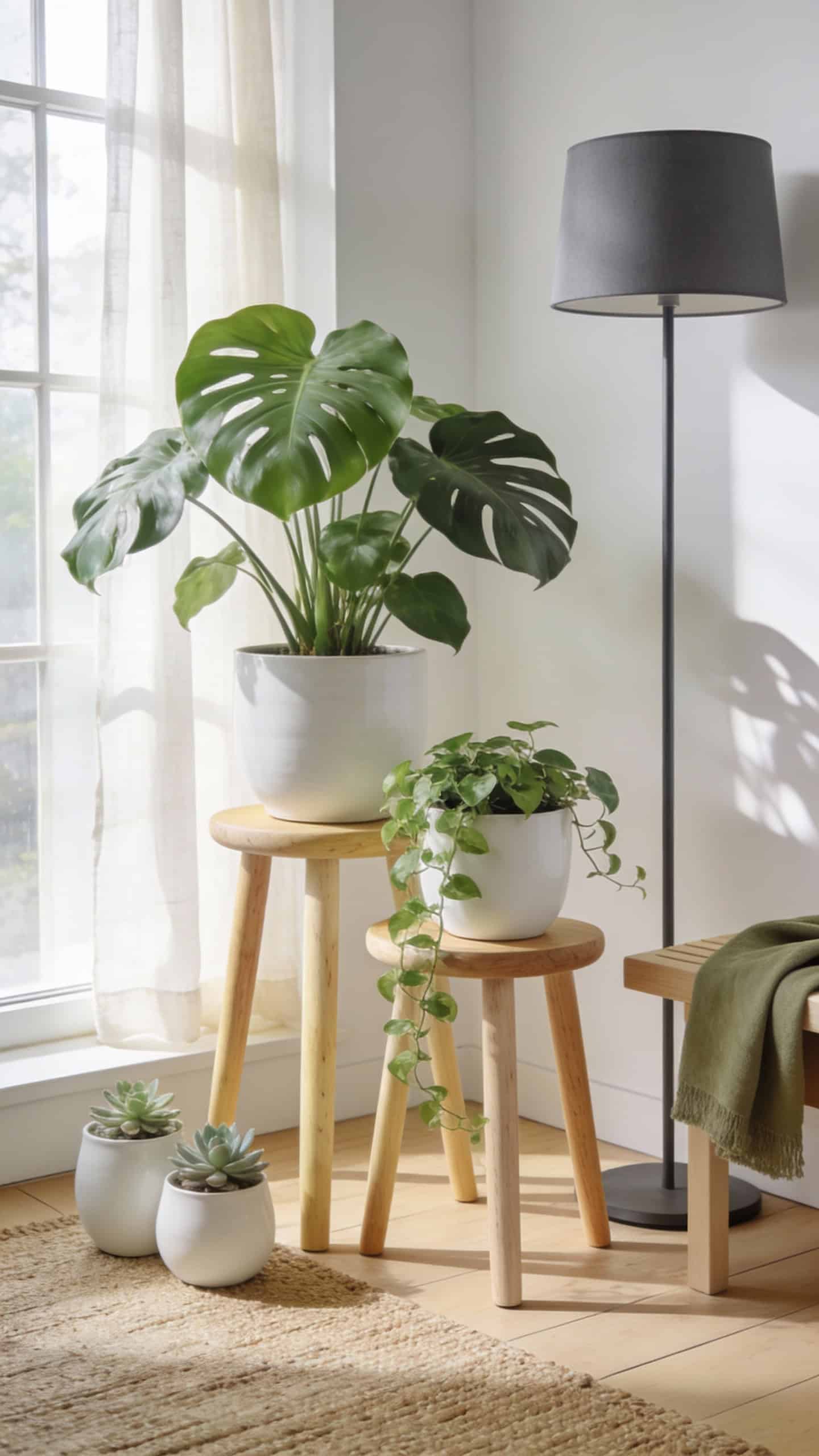 Sun-drenched Scandinavian nook in a small apartment corner, styled as a realistic, high-quality interior photo. Soft white walls with creamy undertones, abundant natural light pouring through a large window with sheer linen curtains gently diffusing the sun. On pale oak plank flooring sits a woven jute rug. Centered are two nested blonde-wood stools (pine/birch/beech) used as tiered plant stands: the taller stool holds a thriving Monstera deliciosa in a matte white ceramic planter; the shorter stool holds a trailing pothos in a matte white ceramic pot. Additional matte white ceramic planters with small sage-toned succulents arranged nearby on the floor. Clean lines, minimal clutter, airy Nordic vibe. Accents in sage and charcoal: a slim charcoal-gray floor lamp with a simple drum shade and a sage throw folded on a nearby pale wood bench. Subtle shadows, soft contrast, natural textures emphasized. Shot in 35mm, eye-level, crisp details, warm daylight, photorealistic, editorial interior styling.