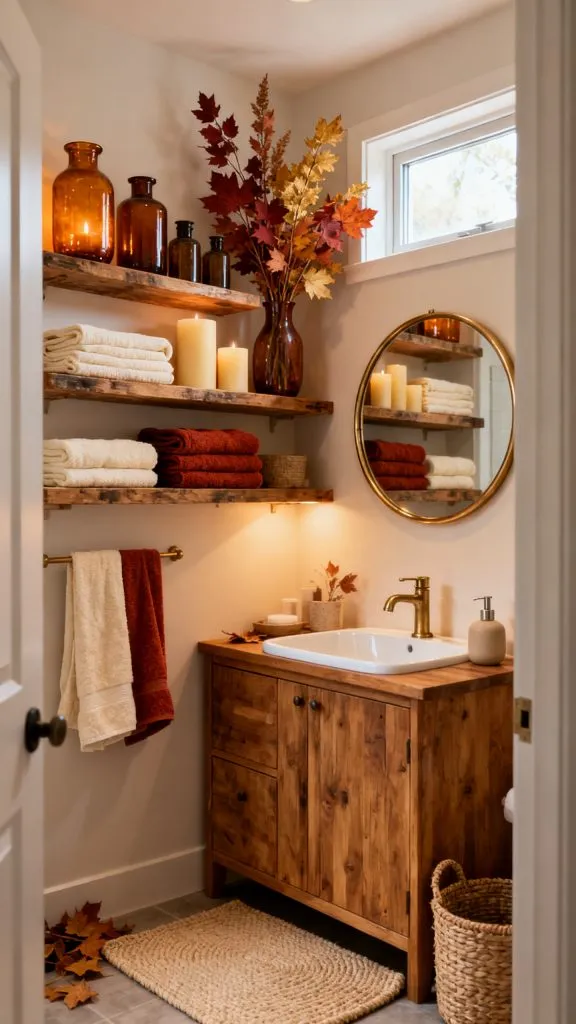 fall bathroom shelf decor ideas 1