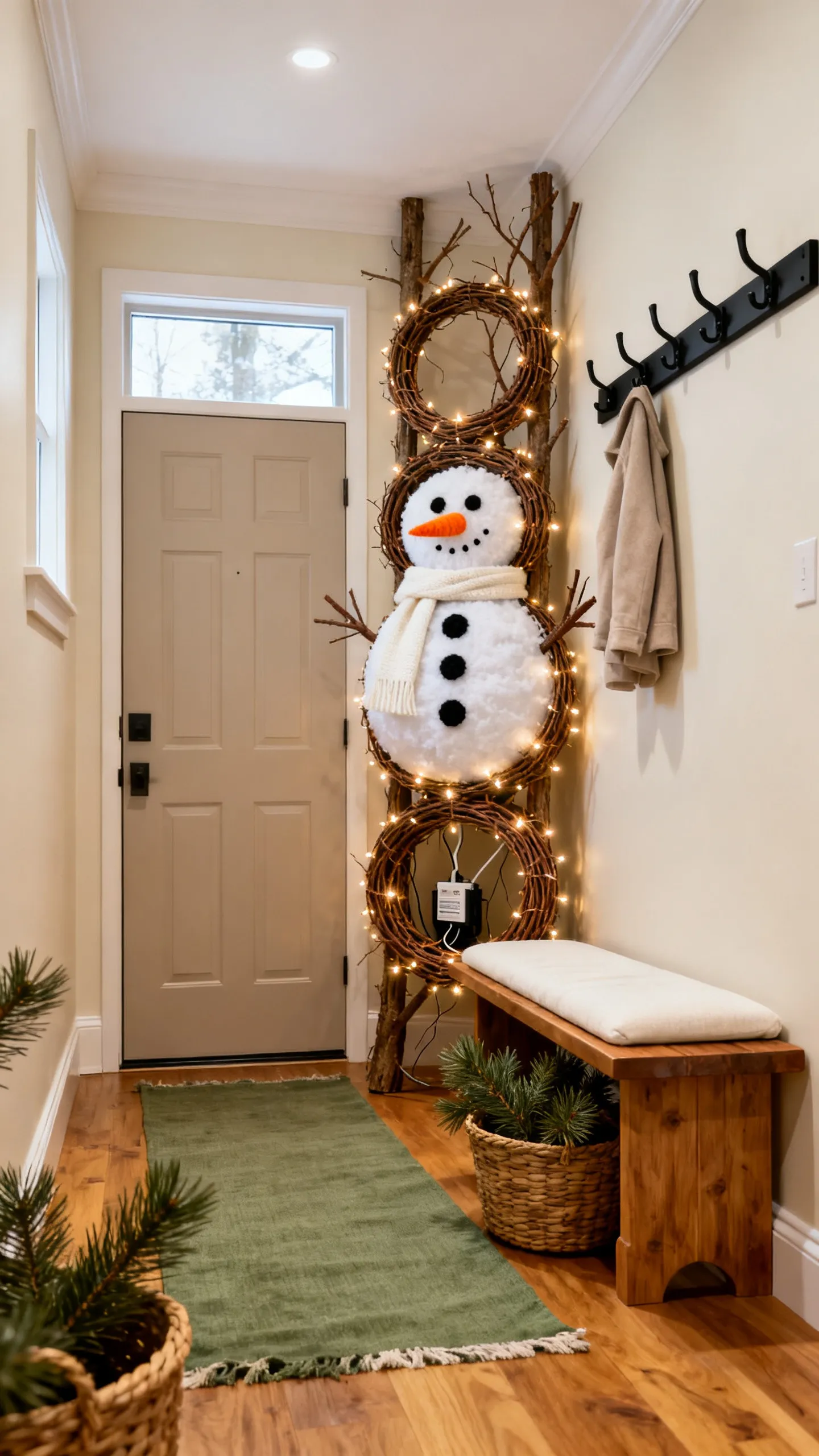 Glowing Grapevine Snowman by the Entry Bench