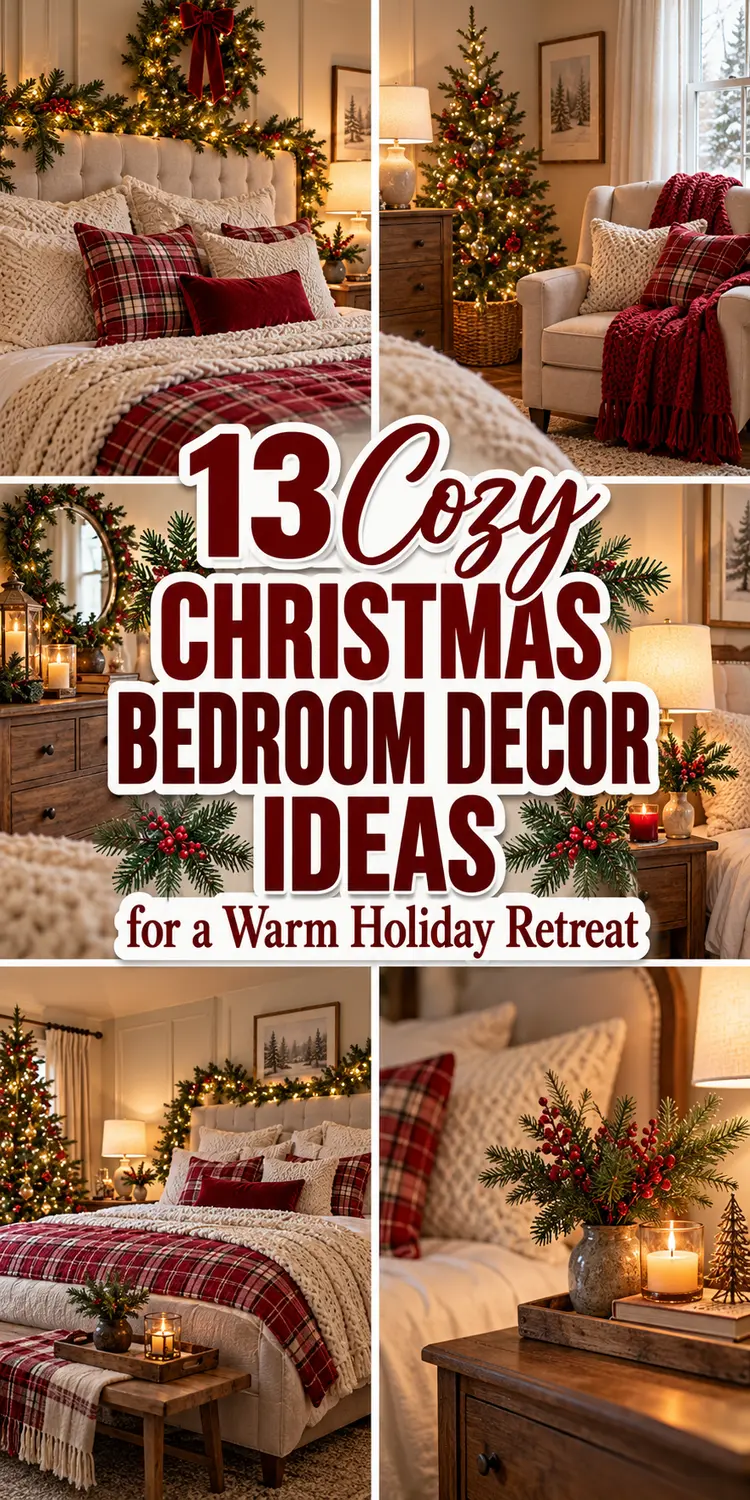 Christmas bedroom collage with red plaid bedding, cream knit cushions, warm lights, and a small tree in a woven basket.